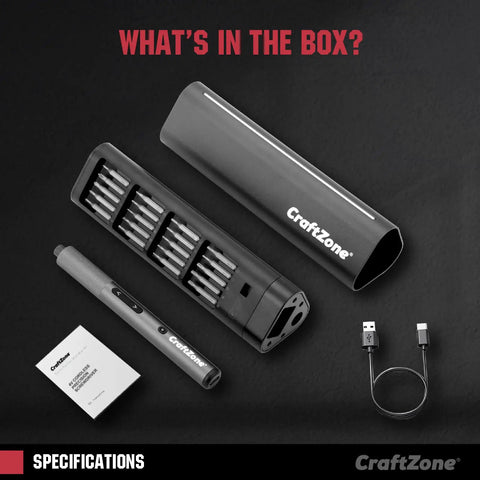 Mini Electric Screwdriver Set With 0.5 Nm Torque And 20 Precision S2 Steel Bits Featuring Bright Led Work Light And Magnetic Tray. Pack contents on black background.
