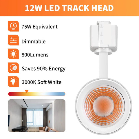 LED Track Lighting Heads For J Type Dimmable Ceiling Fixtures 12W 800 Lumen CRI90 3000K Soft White 8 Pack White front view