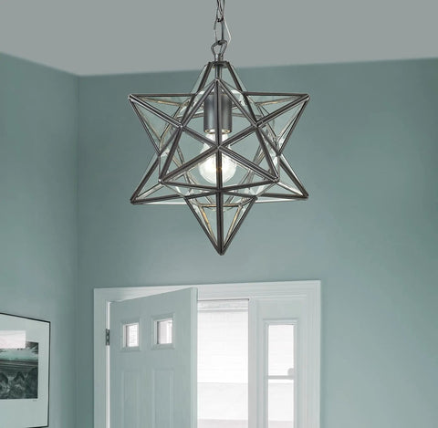 Star 145-001 9 Inch Wide One Light Mini Pendant in Oil Rubbed Bronze Finish Moravian Style Glass and Metal Fixture hanging in room