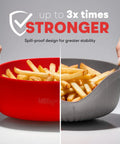 Sturdy Silicone Air Fryer Liners For 5 To 8 Qt Baskets shown holding fries, demonstrating spill-proof design and stability, two colors.