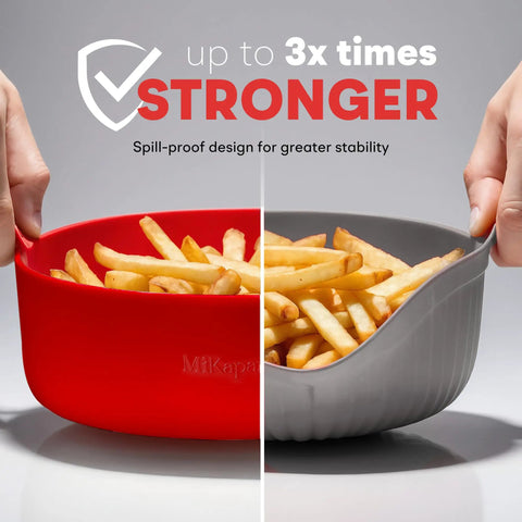 Sturdy Silicone Air Fryer Liners For 5 To 8 Qt Baskets shown holding fries, demonstrating spill-proof design and stability, two colors.