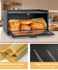Stackable Pine Wood Bread Box For Kitchen Countertop With Magnetic Acrylic Door Large Black Keeps Bread Fresh For Days And Soft Old School Vibe For Sourdough Pastries And Snacks Vintage Style Storage Organizer with three loaves.