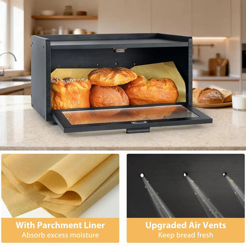 Stackable Pine Wood Bread Box For Kitchen Countertop With Magnetic Acrylic Door Large Black Keeps Bread Fresh For Days And Soft Old School Vibe For Sourdough Pastries And Snacks Vintage Style Storage Organizer with three loaves.