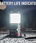 1000 Lumen USB C Rechargeable Emergency Camping Lantern with battery life indicator and foldable handle in use.