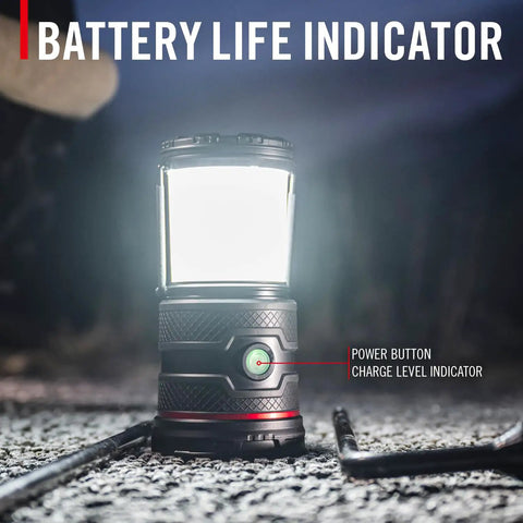 1000 Lumen USB C Rechargeable Emergency Camping Lantern with battery life indicator and foldable handle in use.