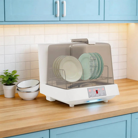 Portable Countertop Dishwasher With Built In Tank And 360 Rotating Spray Three Quick Wash Cycles handles dishes in compact kitchen.