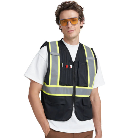Custom Printed High Visibility Safety Vest With Wide Reflective Tape And Matte Black Build Designed For Hard Working Teams Wanting A Dope Fresh Edge On The Job, worn by a model with safety glasses.