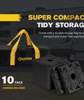 Park Your Trailer Crisp And Level Without The Hassle Using These Heavy Duty Stackable RV Leveling Blocks And Jack Support Pads That Snap Together For Campground Peace Of Mind And Come With A Quick Grab Bag, 10 pack with storage bag.