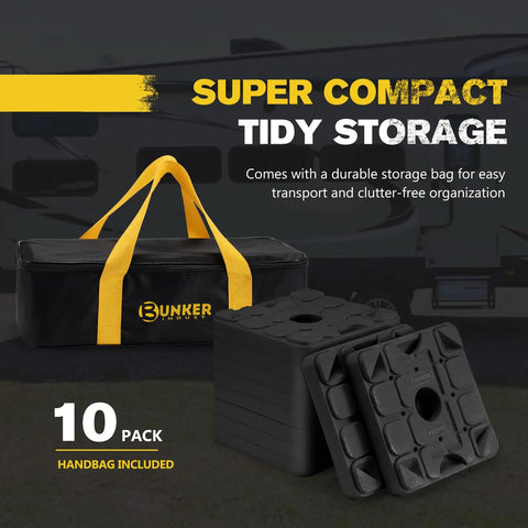 Park Your Trailer Crisp And Level Without The Hassle Using These Heavy Duty Stackable RV Leveling Blocks And Jack Support Pads That Snap Together For Campground Peace Of Mind And Come With A Quick Grab Bag, 10 pack with storage bag.