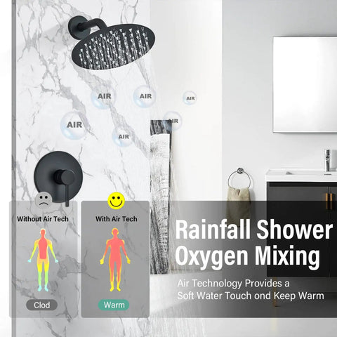 Oil Rubbed Bronze Shower System With 16 Inch Rainfall Shower Head and oxygen mixing technology demonstration