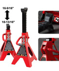 Heavy Duty 2 Ton Trolley Jack Set With Rolling Creeper And Dual Jack Stands All Steel Garage Shop Combo 4000 Lb Capacity Lift From 5.6 To 13 Inches Swivel Casters For Easy Under Vehicle Access showing steel red jack stands with adjustment height.