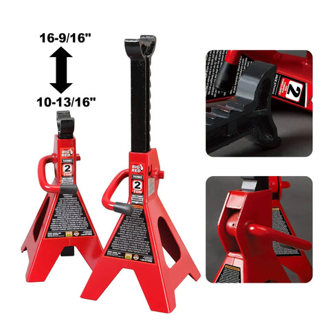 Heavy Duty 2 Ton Trolley Jack Set With Rolling Creeper And Dual Jack Stands All Steel Garage Shop Combo 4000 Lb Capacity Lift From 5.6 To 13 Inches Swivel Casters For Easy Under Vehicle Access showing steel red jack stands with adjustment height.