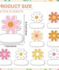 Retro Groovy Floral Name Tag Stickers With Daisy Flower Nameplates, 180 pcs in 9 designs, showing size and dimensions.
