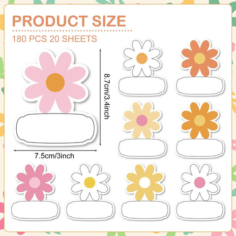 Retro Groovy Floral Name Tag Stickers With Daisy Flower Nameplates, 180 pcs in 9 designs, showing size and dimensions.