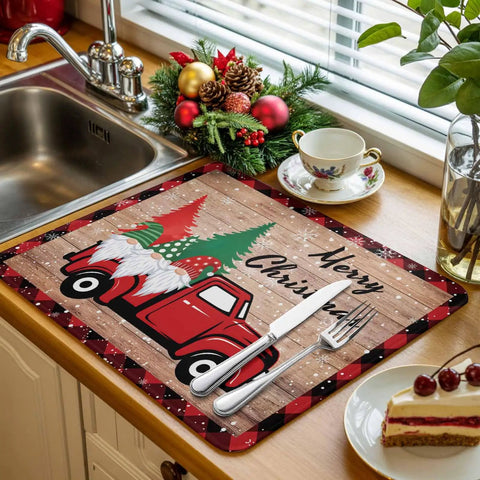 Festive Christmas Dish Drying Mat With Gnomes And Pine Trees For Kitchen Counter Absorbent Microfiber Pad 16 By 18 Inches