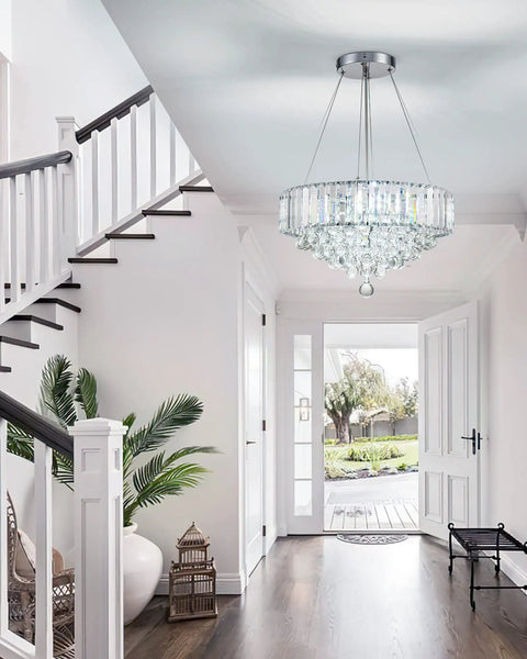 Modern Crystal Chandelier With LED Light Fixture That Elevates Your Living Room Bedroom And Dining For Real Chrome And White Finish 15.7 Inch Diameter Easy Install Dimmable Glow in an elegant foyer.
