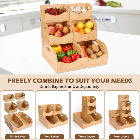 Three Tier Bamboo Pantry Organizer With Ventilated Design And Handy Handles For Fruits Vegetables Potatoes And Onions Plus Snacks Spices Coffee Pods And More On Countertop
