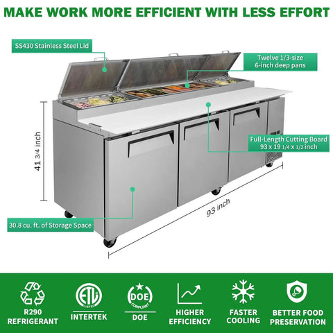 No Nonsense Heavy Duty Commercial Prep Table Refrigerator With Extra Wide Stainless Steel Worktop And Massive Cold Storage For Pizza And Sandwich Professionals, 93-inch unit with stainless steel lid and ample storage.