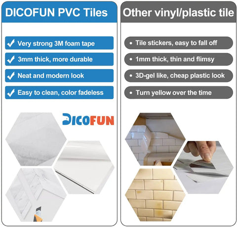Comparison chart showing DICOFUN PVC tiles benefits over other vinyl tiles, highlighting durability, thickness, and resistance to yellowing.