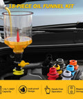 No Spill 18 Piece Engine Oil Funnel Kit With 1.59 Qt Coolant Funnel in use with 12 color-coded adapters visible on engine bay.
