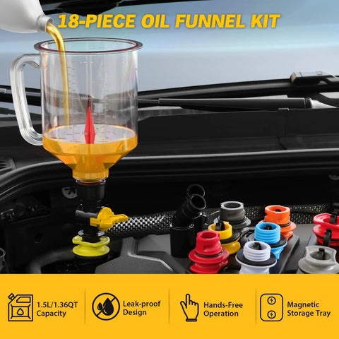 No Spill 18 Piece Engine Oil Funnel Kit With 1.59 Qt Coolant Funnel in use with 12 color-coded adapters visible on engine bay.