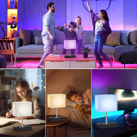 RGB Smart Table Lamp With Remote Control Alexa Voice And App Control Music Sync Dimmable Nightstand Lamp With Charging Station shown in living room and bedroom settings.