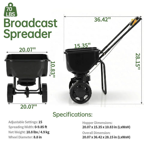 All Season 70-Pound Fertilizer Spreader With 15-Level Precision Control, Waterproof Hopper, and 8-Inch All-Terrain Wear-Resistant Tires