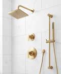 Berwyn Pressure Balance Shower System with Slide Bar and Hand Shower - Brushed Gold wall-mounted features and controls.