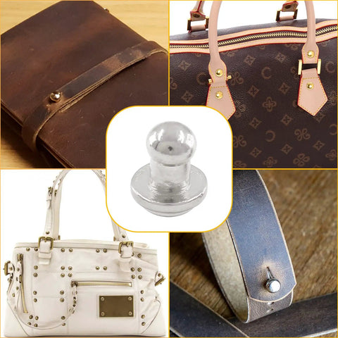Supercharge Your Daily Craft Gear With Slick Heavy Duty Metal Button Studs And Rivets Perfect For Leather Work Sewing And Dope Accessory Making Premium Zinc Alloy Mixed Silver Gold Black Bronze Shiny Finish One Hundred Piece Set, showcased on bags and leather.