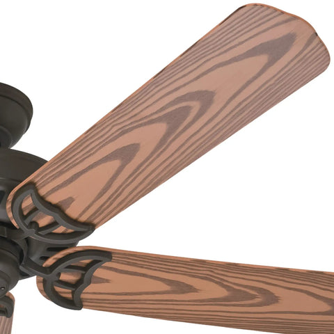 Close-up of oak blades on Bridgeport 52 Inch New Bronze Indoor Outdoor Ceiling Fan With Pull Chain Oak Blades Whisper Wind Motor And Multi Speed Reversible for quiet easy breezy indoor outdoor comfort.