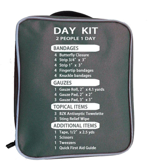 Two Person Day Trip First Aid Kit with bandages, gauze, and butterfly closures for outdoor adventures in a compact grab-and-go case.
