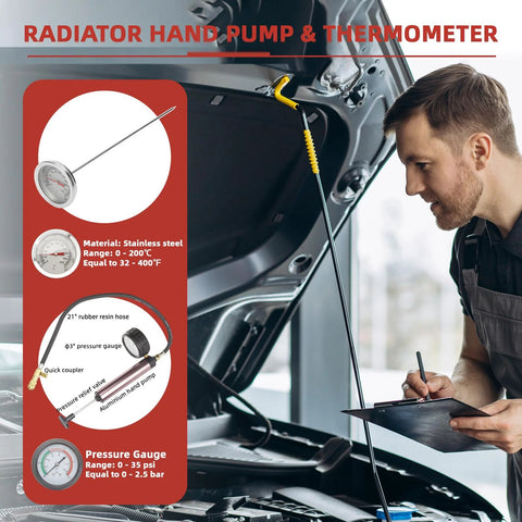 Automotive coolant vacuum refill kit with radiator hand pump and thermometer; includes pressure gauge and 21-inch hose.