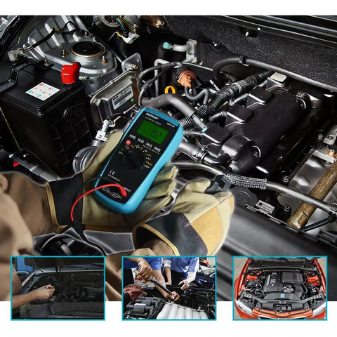 Mechanic using Automotive Dwell Meter Digital Multimeter Auto Range TRMS 5999 Counts Pro Grade on car engine