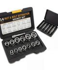 Beast 19 Piece Bolt And Screw Extractor Set for rusted stripped frozen broken screws bolts nuts in open black cases.