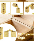 Eight Piece Hidden Brass Barrel Hinges Set With Drill Bit For Jewelry Boxes Wooden Boxes And Small Furniture DIYers 180 Degree Concealed Cabinet Hinges showcasing open positions inside a box.