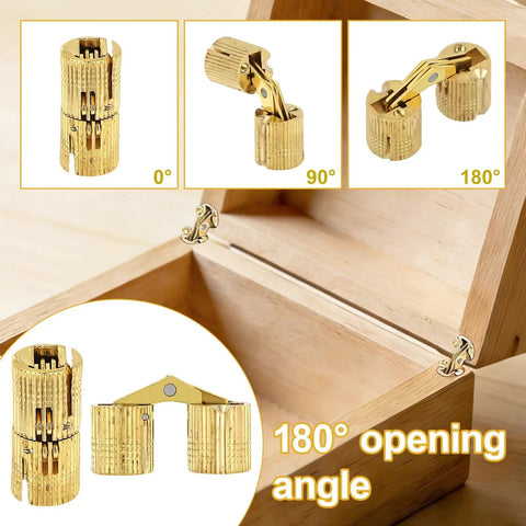 Eight Piece Hidden Brass Barrel Hinges Set With Drill Bit For Jewelry Boxes Wooden Boxes And Small Furniture DIYers 180 Degree Concealed Cabinet Hinges showcasing open positions inside a box.