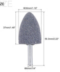 Four Pack Abrasive Mounted Stones With Quarter Inch Shank And One Point One Eight Inch Conical Corundum Grinding Heads For Engraving And Polishing On Rotary Tools Aluminum Oxide Finish, shown is a single gray grinding stone with dimensions.