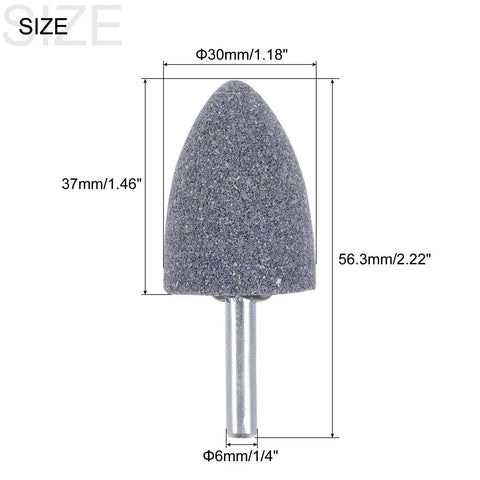 Four Pack Abrasive Mounted Stones With Quarter Inch Shank And One Point One Eight Inch Conical Corundum Grinding Heads For Engraving And Polishing On Rotary Tools Aluminum Oxide Finish, shown is a single gray grinding stone with dimensions.