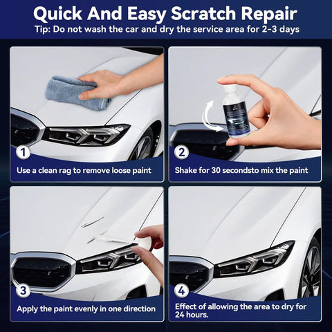High Gloss White Auto Touch Up Paint Pen For Vehicle Scratch Repair Hoods Bumpers And Rims Quick Dry Slick Finish No Fuss Formula demonstrated in scratch repair steps.