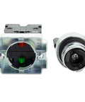 Rotary Switch With 2-Position Maintained Selector No NC Latching, 22mm Panel Mount, 220VAC 10A components, front and rear view