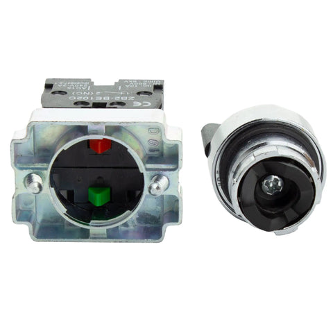 Rotary Switch With 2-Position Maintained Selector No NC Latching, 22mm Panel Mount, 220VAC 10A components, front and rear view