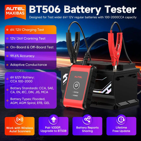 BT506 Battery Tester Analyzer For 6V And 12V Cars And Trucks, Checks 100-2000 CCA, Voltage And Health Readouts, DIY-Friendly, Plug-And-Play Auto Battery Diagnostic Tool For Quick Failure Prevention And Peace of Mind, with clamps