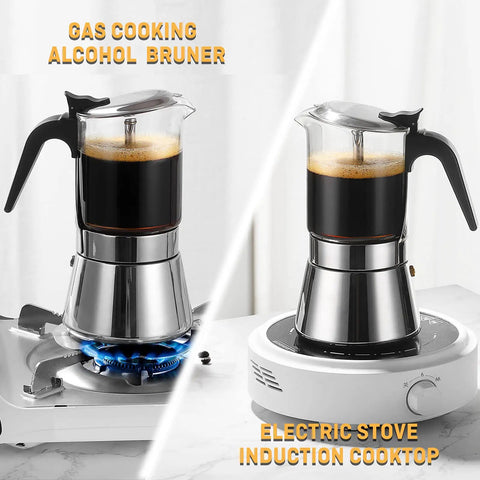 Induction Friendly Moka Pot With Crystal Glass Top And Stainless Steel Stovetop Espresso Maker brewing on two stovetops