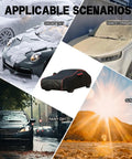 Heavy Duty Waterproof Car Cover For Tesla Cybertruck shown in various weather conditions including snow, rain, and sun.