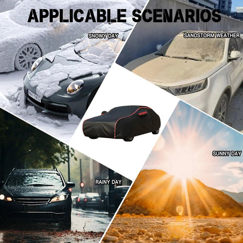 Heavy Duty Waterproof Car Cover For Tesla Cybertruck shown in various weather conditions including snow, rain, and sun.