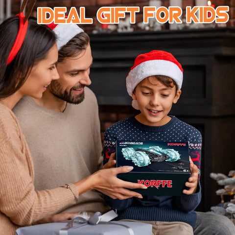 Family with Christmas hats gifting Amphibious 4WD RC Car And Boat Hybrid With Waterproof Design Rad 360 Degree Spin Monster Truck Stunts