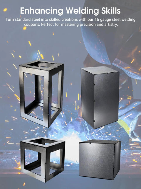Front view of 24-piece welding practice kit parts: black steel open-frame cubes and solid panels.