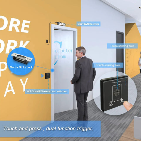 Wireless Magnetic Door Lock Kit With 400lb Holding Power featuring electric strike lock and WiFi Smart push panel in office setting