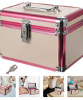 Sweet Aluminum Alloy Pedicure Rig With Layered Lockable Storage For Nail Techs And Makeup Pros To Keep Your Kit Clean And Secure While Hitting the Road For Home Or Office Jobs Without A Hassle - pink and beige aluminum storage case with lock.