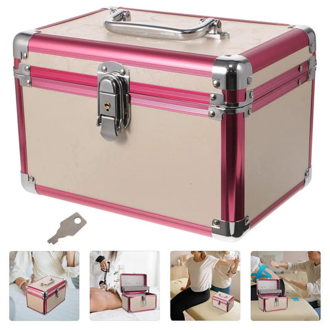 Sweet Aluminum Alloy Pedicure Rig With Layered Lockable Storage For Nail Techs And Makeup Pros To Keep Your Kit Clean And Secure While Hitting the Road For Home Or Office Jobs Without A Hassle - pink and beige aluminum storage case with lock.